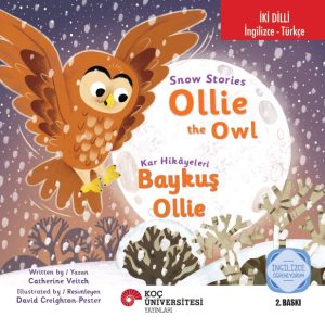 Colorful children's book cover for 'Ollie the Owl' showing an orange owl flying by a full moon during snowfall; title and bilingual labels visible.