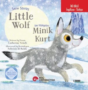 Book cover for 'Little Wolf' (Minik Kurt) featuring a playful gray wolf pup leaping through a snowy landscape with a red 'İki Dilli İngilizce - Türkçe' banner.