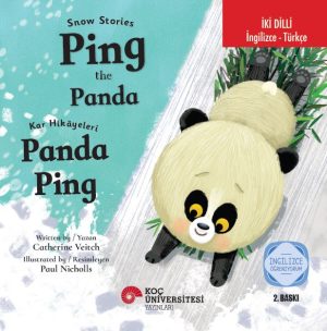 Cover of a bilingual children’s book, 'Ping the Panda Ping Panda Ping,' featuring a cartoon panda sliding on a snowy, turquoise background with white streaks.