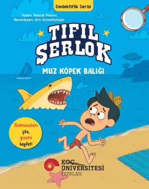 Bright blue children's book cover showing a boy running from a chomping shark on a sandy beach, bold white title text, subtitle, and playful detective-themed badge at the top. A yellow circular sticker highlights puzzles inside, with the publisher's logo at the bottom.